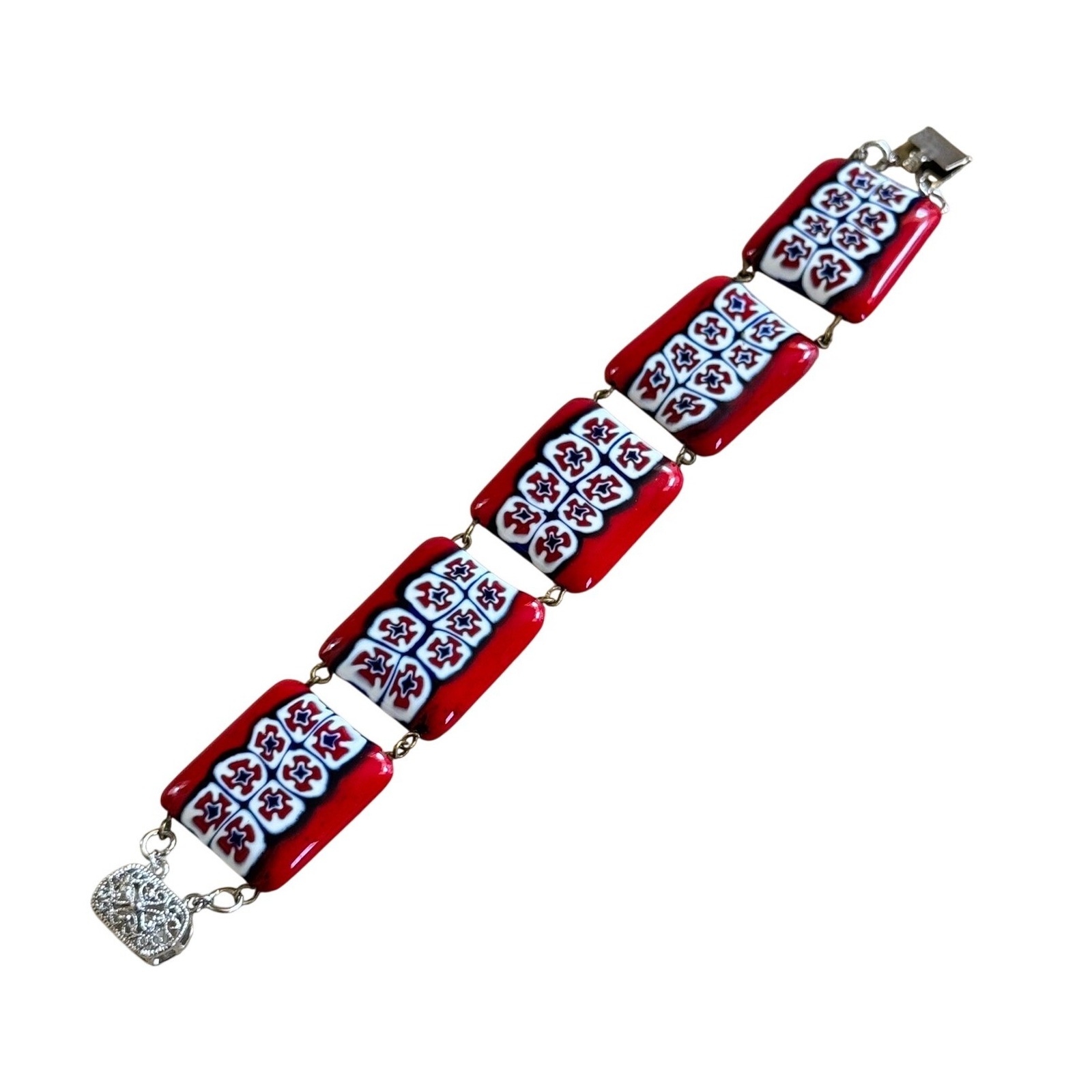 Millefiori Art Glass Bracelet Vtg Link Red Art Deco Italy Venetian Murano Chunky